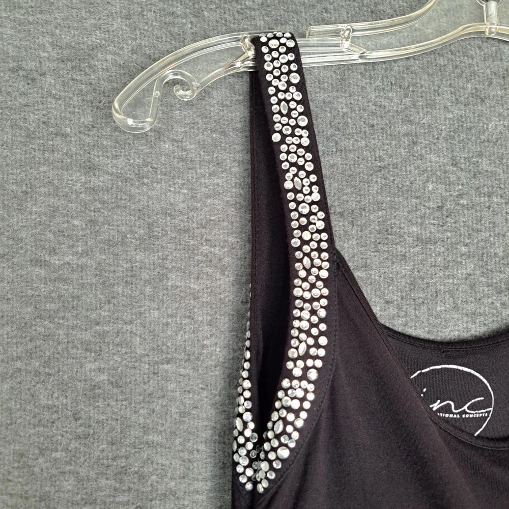 INC Tank Top Women S Black Brown Rhinestone Strap Ruched Rayon Camisole - Picture 7 of 13